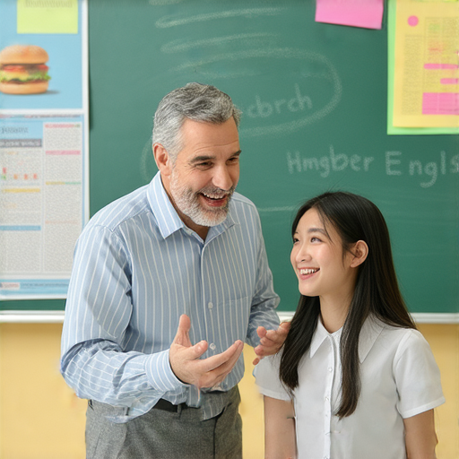 學會漢堡英語，提升口說能力，外籍老師一對一指導，學生與老師互動情境圖，呈現學習漢堡英語的重要性與效果。