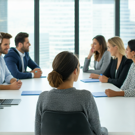 商務人士在會議中進行有效交流，展示成功的商務溝通技巧，強調聆聽與表達的重要性，提升溝通效果，讓工作更順利，增強團隊合作。