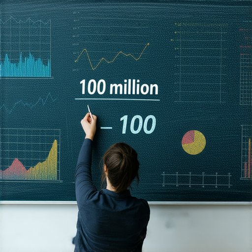 一位教授站在黑板前，講解數字1億和100的差別，背景有各種計算圖表，強調數字背後的秘密與重要性，吸引觀眾關注數學的奧妙。