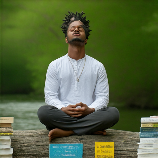 揭開座右銘的秘密，展示一位成功人士在思考與冥想，旁邊有激勵名言的書籍，背景環繞著自然景色，象徵著追求成功的第一步。