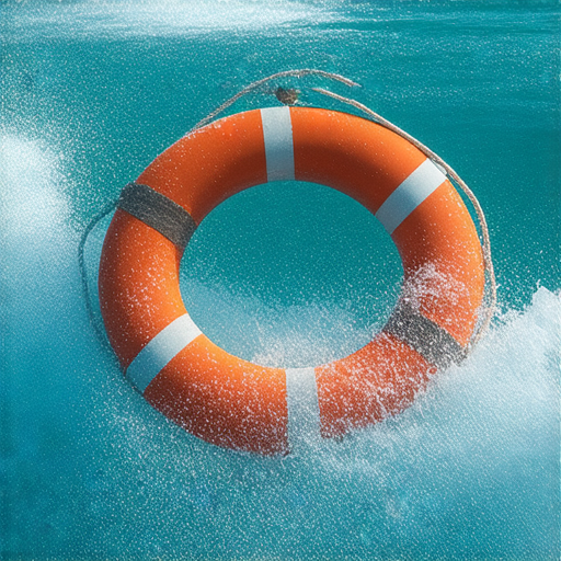 救生圈漂浮在海浪中，象徵著在危急時刻拯救生命的關鍵工具，色彩鮮豔的救生圈提醒人們注意安全與求助的重要性，展示救生設備的設計與用途。
