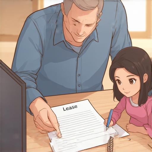 外籍英文老師一對一教學場景，專注於解釋租約細節，桌上有租約文件、筆記本與筆，幫助學生更理解租約內容，適合需要租房的學生。