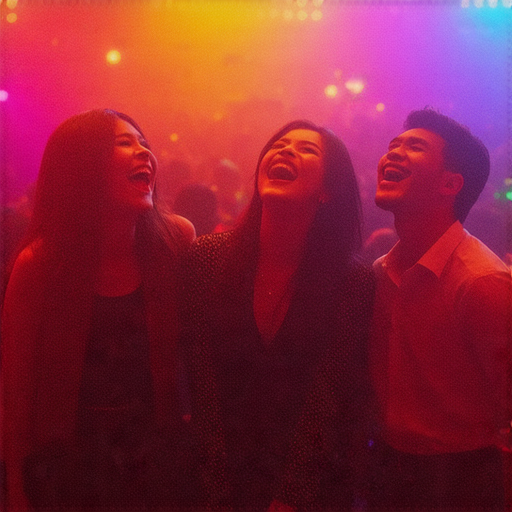 探索台北最狂KTV的秘密娛樂亮點，畫面展示KTV內部熱鬧的氛圍，五位朋友在愉快地唱歌與互動，五光十色的燈光效果營造出獨特的娛樂體驗。