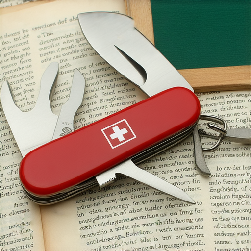 瑞士軍刀的特寫，展現多種工具功能，背景為學習英語的場景，搭配標語探索瑞士軍刀的秘密，邀請訂閱外籍英文老師一對一教學，提升英語水平。