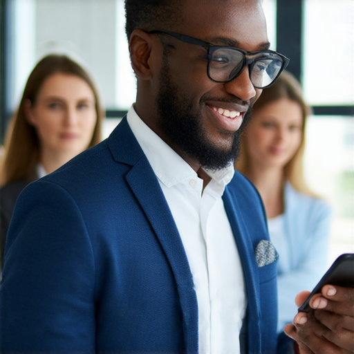 掌握電話溝通的秘密技巧，讓每次通話都能成功的圖片，展示自信的專業人士使用手機進行有效溝通，背景中有注意力集中的同事，傳遞成功的溝通方法和技巧。