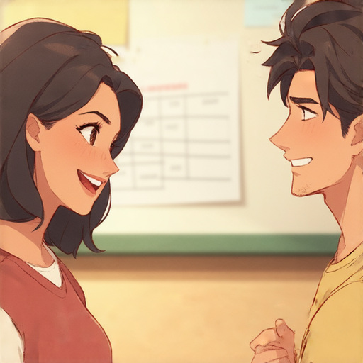 一名女性正在與一名男性進行英語對話，背景為教室環境，兩人面帶微笑，展現流暢的雙向溝通。打破沉默，揭開英文交流的秘密，提升互動效果。