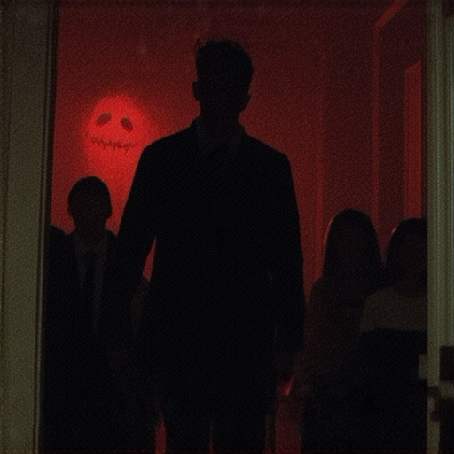 一位外籍英文老師帶領學生在驚悚鬼屋裡探索，學生面露驚嚇之情，周圍環繞著恐怖佈置，洋溢著緊張氣氛，讓人體驗恐怖英語的魅力。