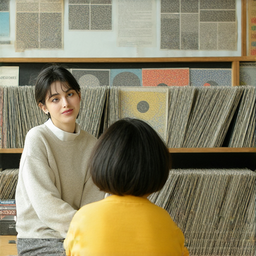 黑膠碟展示與外籍老師一對一學英文的場景，學生專注聆聽老師分享音樂知識，增強語言學習體驗，揭開黑膠碟迷人的秘密，提升英文能力。