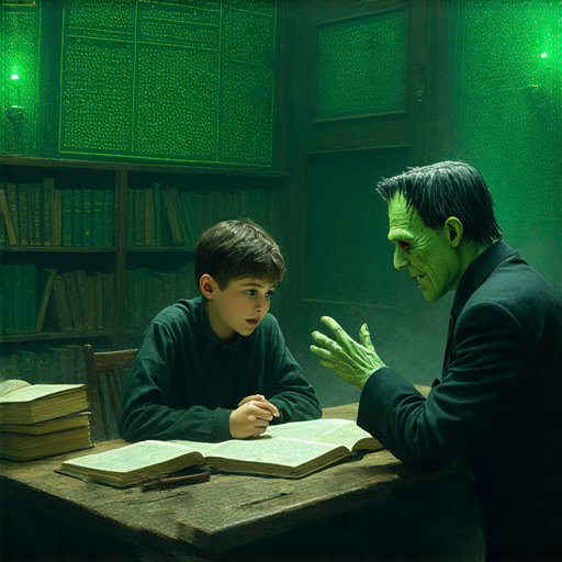 科學怪人主題的英語學習圖片，展示學員與外籍老師一對一教學的互動過程，探索學習英文的神秘世界，立即報名一起開啟語言之旅。