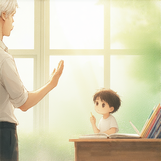 一位外籍英文教師與聾啞學生進行一對一教學，學生專注地學習英語，背景是明亮的教室，象徵打破語言障礙和啟動英語學習之旅的可能性。