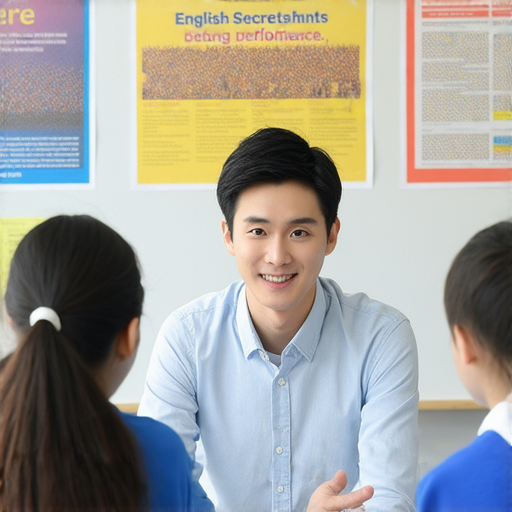 一名外籍老師在教室中與學生進行一對一英文教學，背景為演唱會主題的海報，展示演唱會背後的英文秘密，強調外籍老師的專業與互動性。