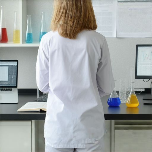 一位外籍老師與學生進行一對一英文教學，背景是科學實驗室，學生專注於提高英語表達，周圍有科學設備和書籍，展示科學家的工作環境。