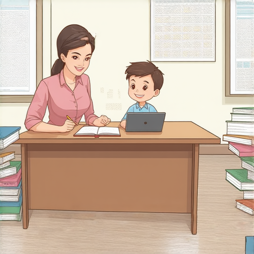 一位外籍老師與學生進行一對一英文教學，教室內擺放著書本和文具，學生專心聆聽，畫面展現流利英文學習的氛圍，培養語言能力的理想環境。