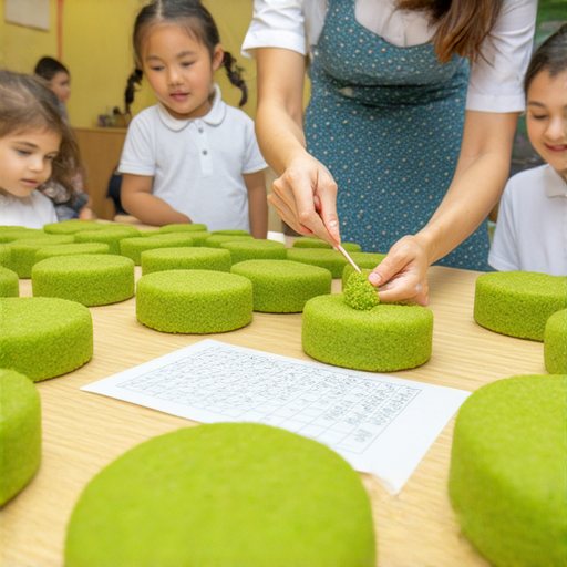 外籍老師指導學生學習英文，同時探索綠豆糕的製作與文化，桌上擺放著新鮮的綠豆糕與學習材料，學習與美食結合的精彩瞬間。