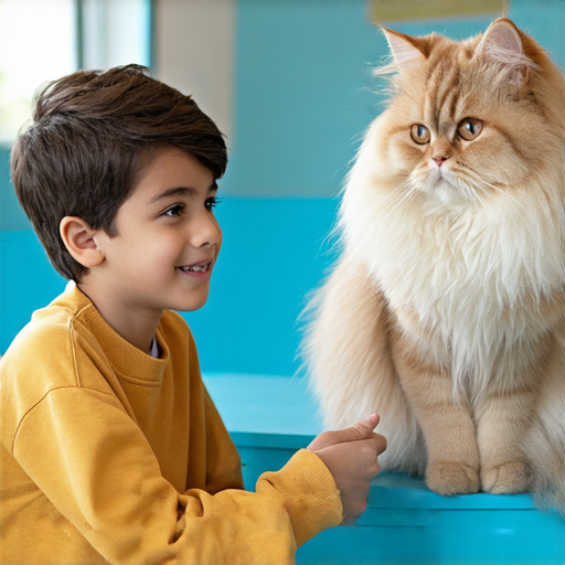 一位學生與外籍老師進行一對一交流，背景顯示波斯貓的圖片，學生專注聆聽，老師用英文教學，強調語言學習的重要性及文化交流的價值。