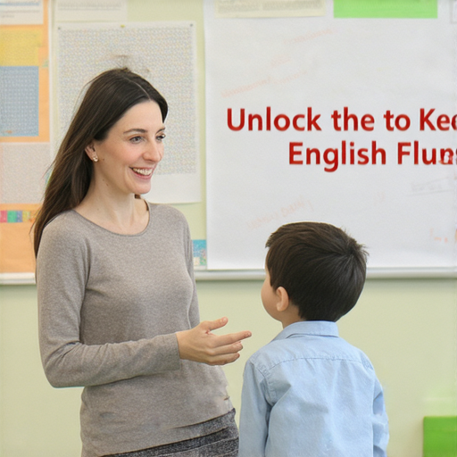 一位外籍老師在教室中與學生一對一交流，學生積極參與學習英語，背景顯示「解鎖英文流利之鑰」的標語，展現學習英語的興奮與變化。