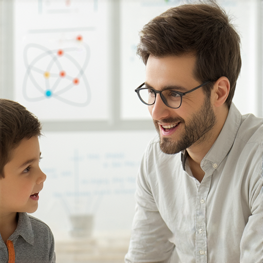 外籍教師與學生在教室裡進行一對一的英文課程，背景展示科學相關圖像，強調學習科學的奧秘。立即報名體驗輕鬆的英語學習。