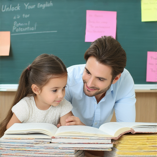 一位外籍老師與學生進行一對一英語教學的情景，周圍有學習資料與筆記，象徵著Unlock Your English Potential的語言學習過程，鼓勵每個人報名試聽。