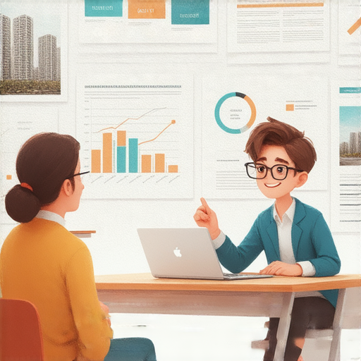 外籍老師一對一教學，學生自信談論房產投資，背景有房地產相關圖像，彰顯英語學習的魅力與實用性，激發學習興趣與動力。