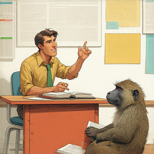 一位外籍老師針對狒狒的英語教學場景，學生專注學習，發掘狒狒的英文秘密，享受一對一教學體驗，英語學習效果顯著提升。