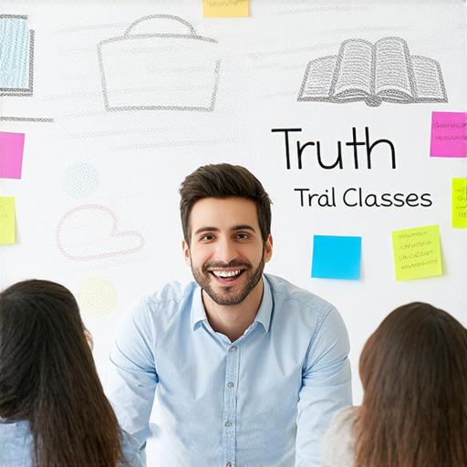 外籍英文老師在課堂上教學，學生積極參與，輕鬆溝通的氛圍融洽，展示揭開睜眼說瞎話的真相，鼓勵即刻報名體驗課程，提升英語能力。