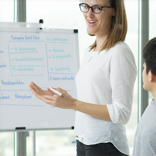 一位外籍英文老師在教室中與學員進行一對一的英語教學，提升職場競爭力，讓學員的英語能力脫穎而出，專注於交流和學習效果。
