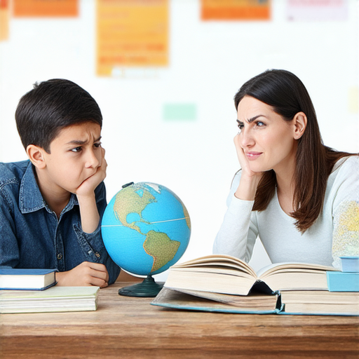 沮喪學習的學生與外籍老師進行一對一交流，展現互動情境，重拾學習樂趣，提升外語能力，激發自信心，跨文化溝通的學習場景，展示學習的助力與支持。