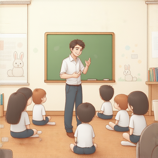 外籍老師與學生互動，教授英文技能，旁邊有可愛的野兔圖案，展現學習的趣味與輕鬆氛圍，吸引人來了解野兔的秘密，提升英文能力的機會。