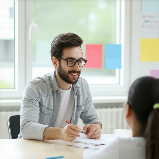 提升職場競爭力的外籍英文老師進行一對一教學的場景，學生專注學習，明亮的教室環境，彰顯成功之路的啟程。