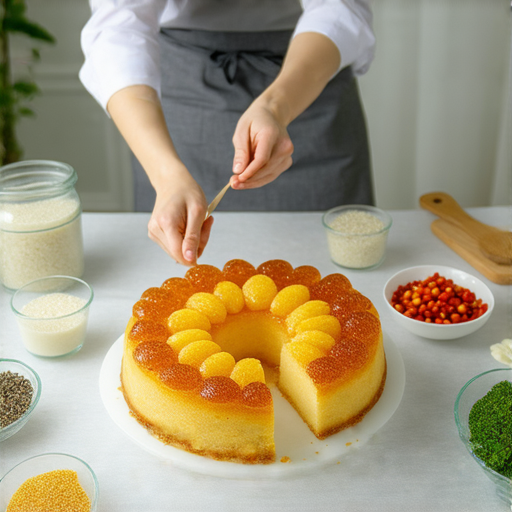 一位外籍老師正在與學生一對一探索馬蹄糕的製作過程，桌上擺滿了食材和工具，背景中顯示出馬蹄糕的成品，展現其文化與美味的魅力。