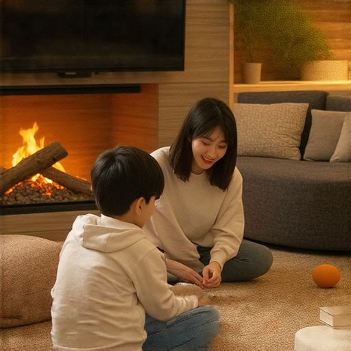 從火爐的溫暖中開始，兩位學生與外籍英文教師進行一對一的互動教學，展現學習的熱情與可能性，背景溫馨，氛圍輕鬆自在，強調個性化學習的重要性。