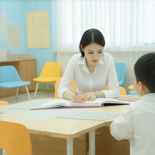 一位外籍英老師正在進行一對一的英語教學，學生專心聆聽，教室環境溫馨舒適，教材展示了多樣的互動學習方式，突顯打破語言障礙的學習效果。