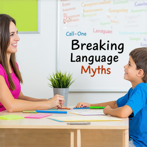 外籍老師一對一教學的宣傳圖片，強調破解語言迷思的理念，展示學生與老師互動的場景，呼籲立即註冊，學習正確的英文表達。