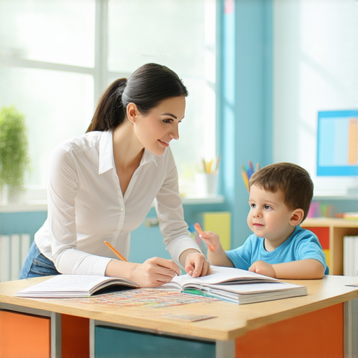 一位外籍老師正在與學生進行一對一的英語教學，課堂氣氛輕鬆愉快，學生專心聆聽，探索英語學習新境界，提升語言能力。