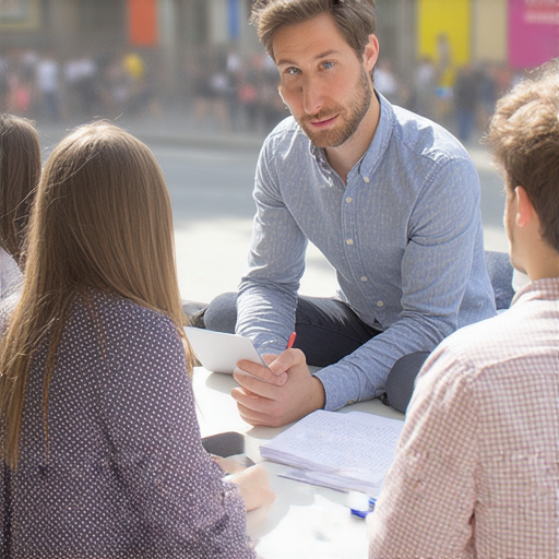 外籍老師帶學生在馬路上學習英文，探索語言環境，進行一對一教學，提升口語能力和實用英語，增強語言學習的樂趣和效果。