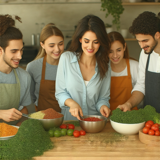 學員與外籍老師在廚房內學習用英文烹飪，專注於食材準備及烹飪技巧，背景展示多樣的美味料理，帶領大家踏上美味之旅。