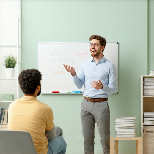 在波加曼的優質一對一英文教學服務場景，外籍老師專注於教導學生，營造輕鬆學習的氣氛，學習者互動熱烈，展示外語學習的愉快過程。