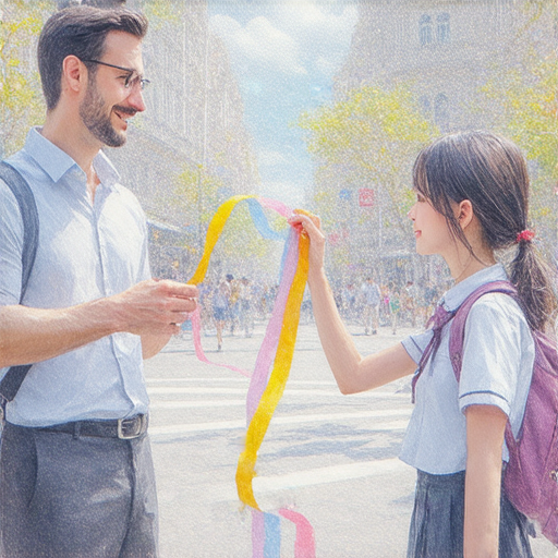 在馬路上，一位外籍老師與學生互動，雙方都手持膠紙，展現創意學習方式，背景為城市風景，傳遞學習英語的樂趣與熱情。