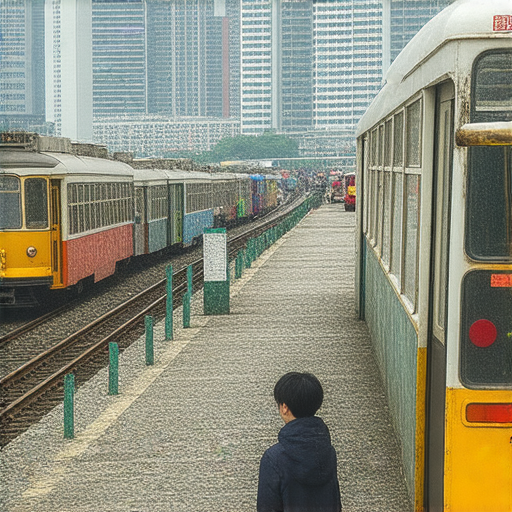 探索香港多樣交通工具的場景，學生與外籍老師一對一互動學習提升英文技巧，背景中可見電車、地鐵和巴士，展現香港獨特的交通文化。