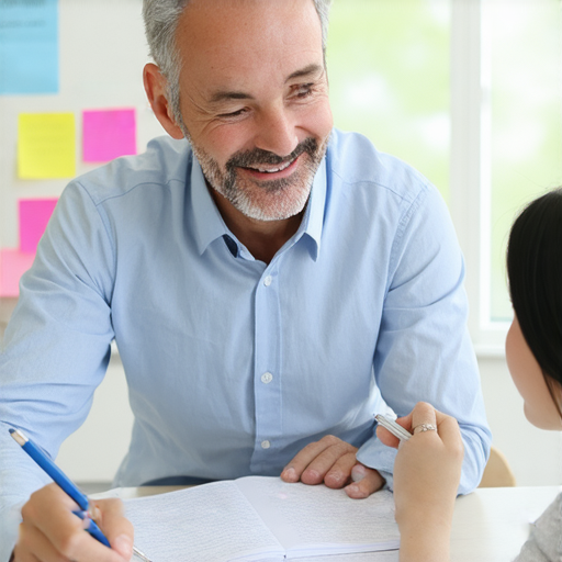 外籍老師一對一教學場景，學員專注學習中，老師耐心指導，輕鬆互動，打破語言障礙，開啟流利英文之旅，老師和學員在友善的氛圍中進行交流。