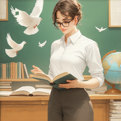 外籍英文老師一對一教學場景，老師與學生互動專注，背景是充滿學習氛圍的教室，展示外語學習的奇妙之旅與白鴿的秘密探索。