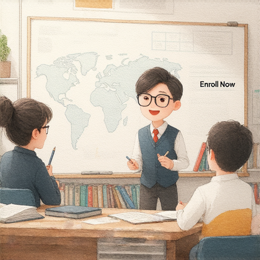 掌握經濟術語的學習過程，展示一對一外籍老師在教學中指導學生，背景包含經濟相關的書籍與工具，提升英語能力的機會，立即報名參加課程。