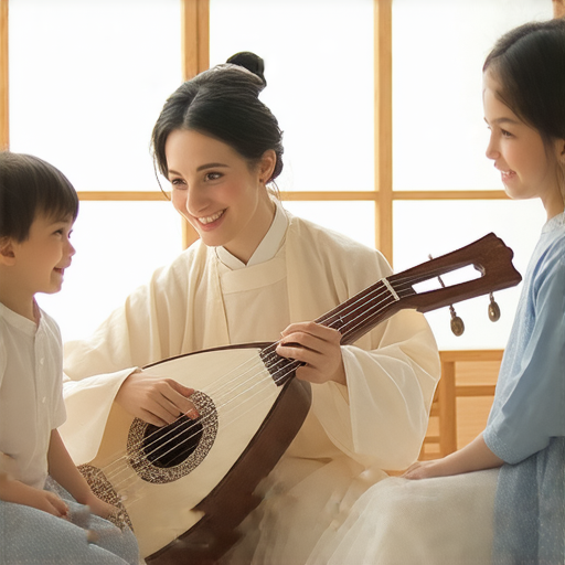 外籍英文老師與學生一對一探索琵琶音樂魅力的場景，教學環境舒適，老師演奏琵琶，學生專注聆聽，展現音樂學習的樂趣與熱情，立即報名體驗。