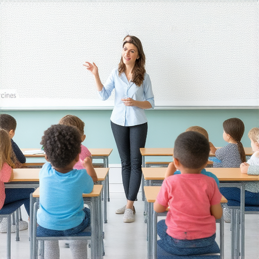 流感疫苗真相大揭密的圖片，外籍老師教學流利英文的場景，學生積極參與學習，背景展示疫苗相關資料，強調流利英文學習的重要性，探索流感疫苗的知識與技巧。