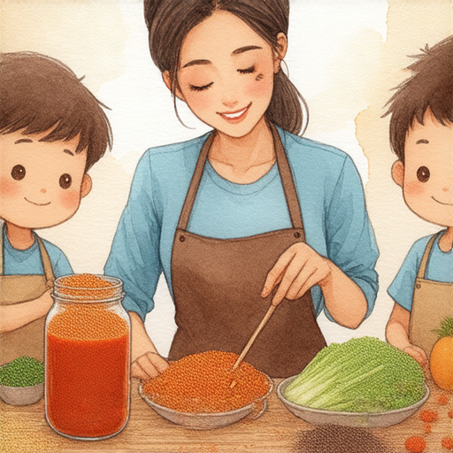 探索沙茶醬的美妙世界，外籍英文老師與學生互動學習美食英語，桌上擺放著新鮮的食材與沙茶醬，熱絡的氣氛中傳遞著美食的驚喜與文化的交流。