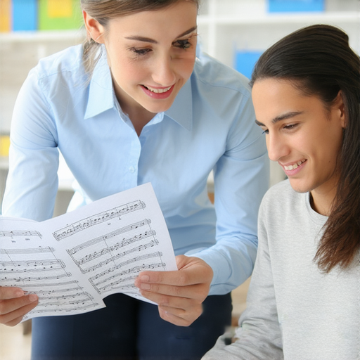 專業外籍英文老師教學場景，學生一對一學習音樂英文，琴譜細節清晰可見，輕鬆探索音樂的奧秘，提升英文能力與音樂素養，享受愉快的學習過程。