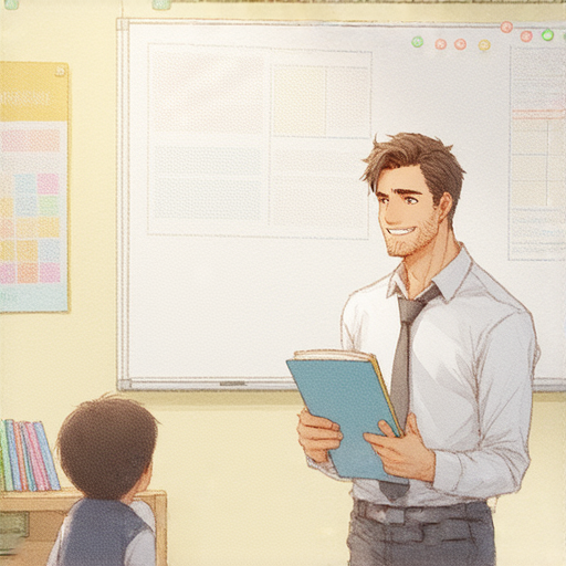 一位外籍老師與學生進行一對一的英語學習，教室環境輕鬆愉快，學生專注提升英文技能，手中持有學習資料，背景有英語學習相關的裝飾，打開點亮英語學習之路的可能性。