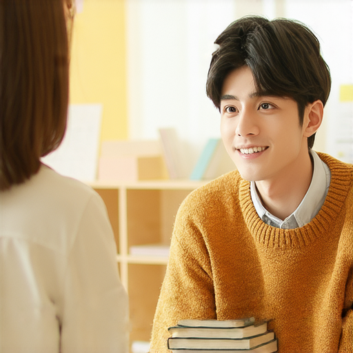 穿上秋衣，學習英文的學生與外籍老師面對面交流，強調一對一教學的重要性，提升語言技巧，展現輕鬆學習的氛圍。