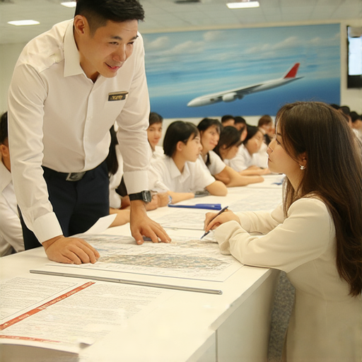 解鎖空乘英語技巧的圖片，展示外籍專家與學生進行一對一教學的互動場景，幫助學員提升英語能力，提升航空服務素養。