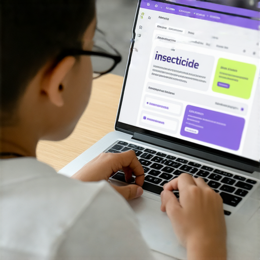 一位學生在線上詢問外籍老師，桌上有殺蟲藥的英文翻譯問題，背景顯示學習平台界面，突顯學習英語的重要性和互動交流的樂趣。